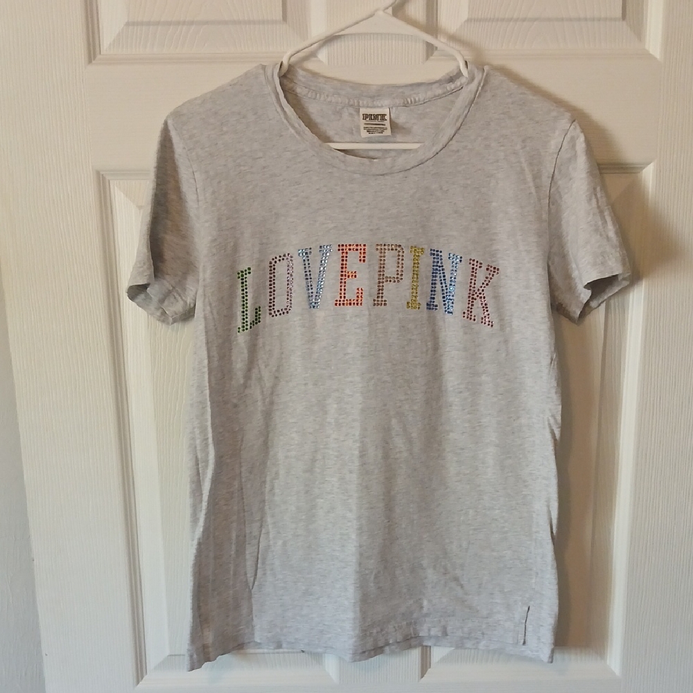 PINK Victoria's Secret Womens Gray Graphic Rainbow Rhinestone T-Shirt Size XS